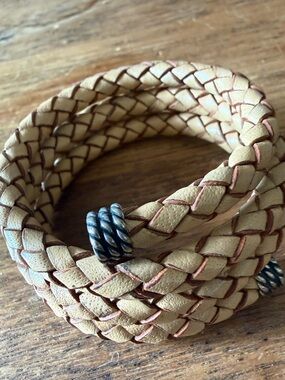 Carolyn Pollack Braided Tan Leather and Sterling Wrap Bracelet